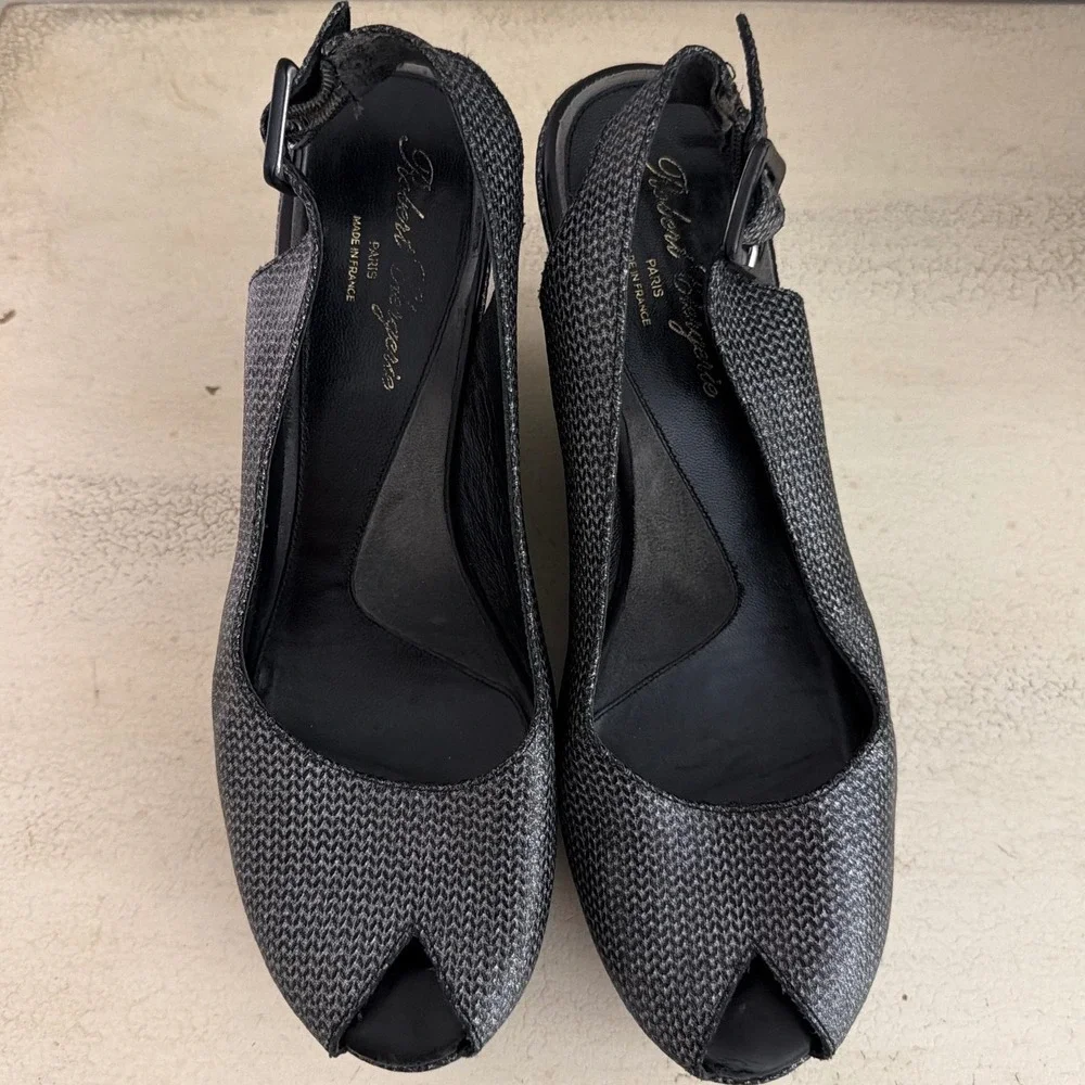Robert Clergerie Paris Woven Metallic Platform Wedge Slingback Heels Black 40.5